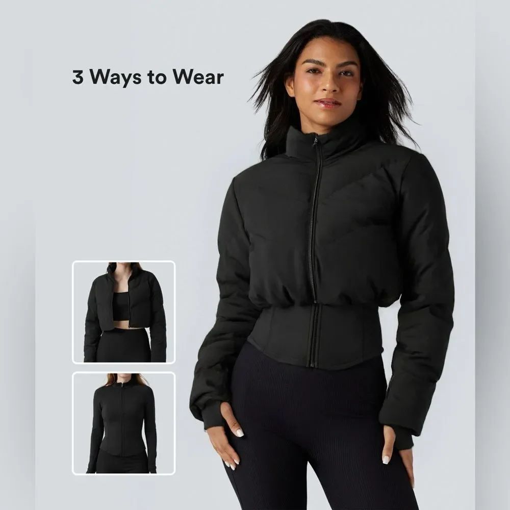 NEW! 2-pc Halara 3-in-1 Stand Collar Casual Cropped Puffer Coat & Thumb Holes!